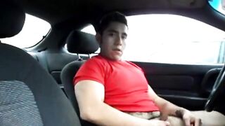 Hairy Latino Stud Strokes in His Car